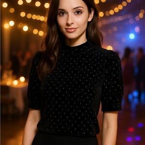 NWT Nanette Lepore Black Velvet Blouse Gold Polka Dots‎ Mockneck Shirt XL NEW